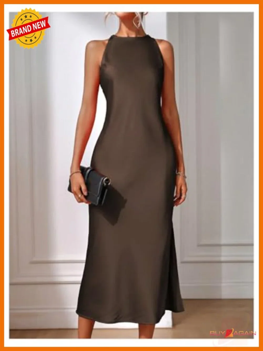 Women's Elegant Maxi Slit Cocktail Dress Sleeveless Crew Neck Button Back